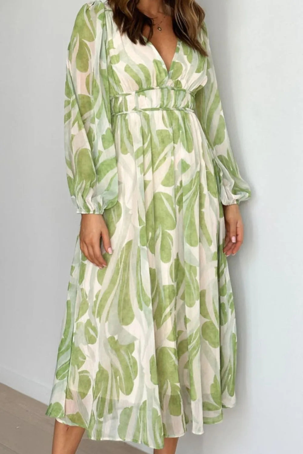 Ruched V-Neck Long Sleeve Midi Dress in Light Green