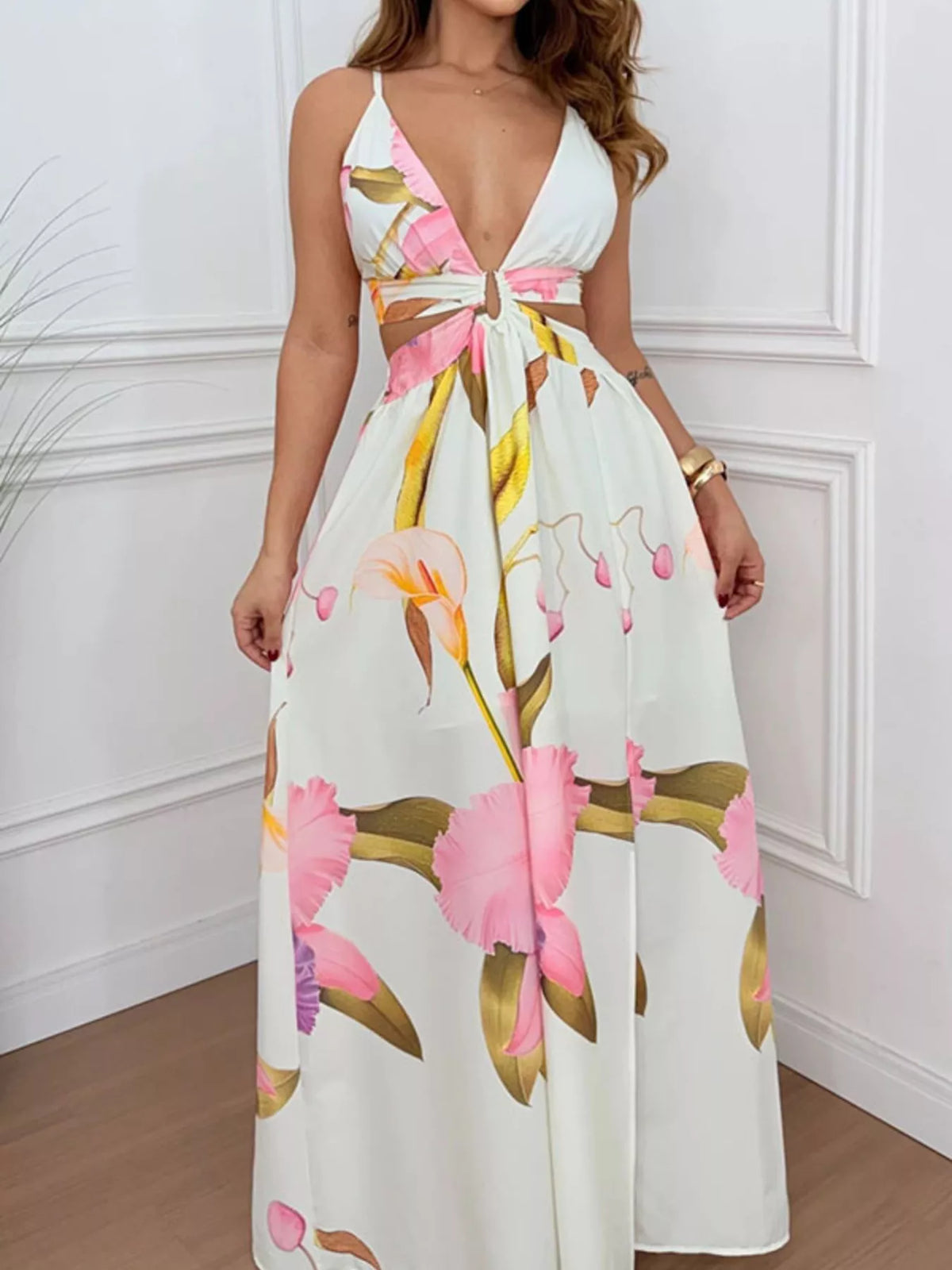 Tropical Print Plunge Cutout Maxi Dress
