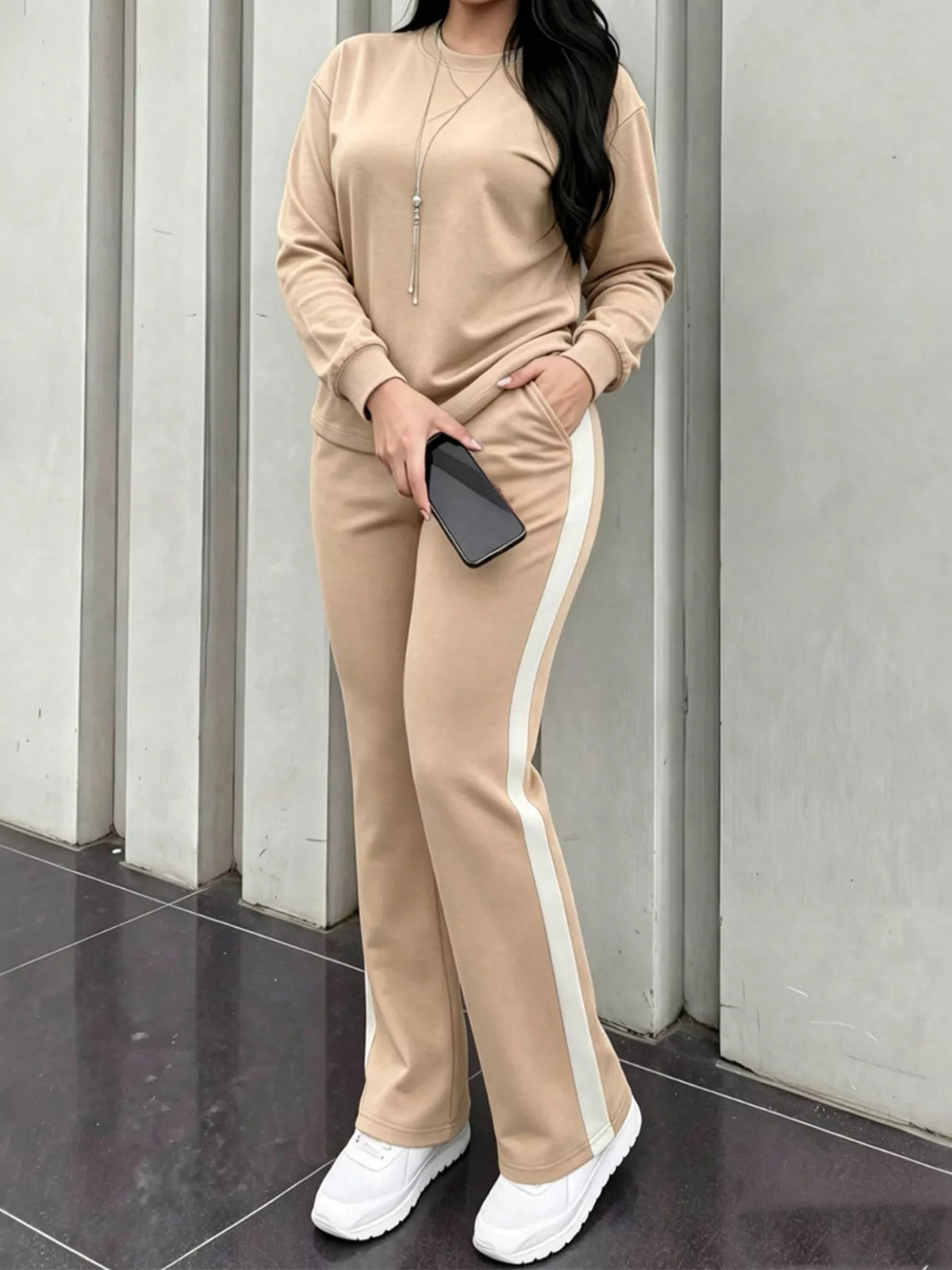 Dropped Shoulder Top and Pants Set in Khaki