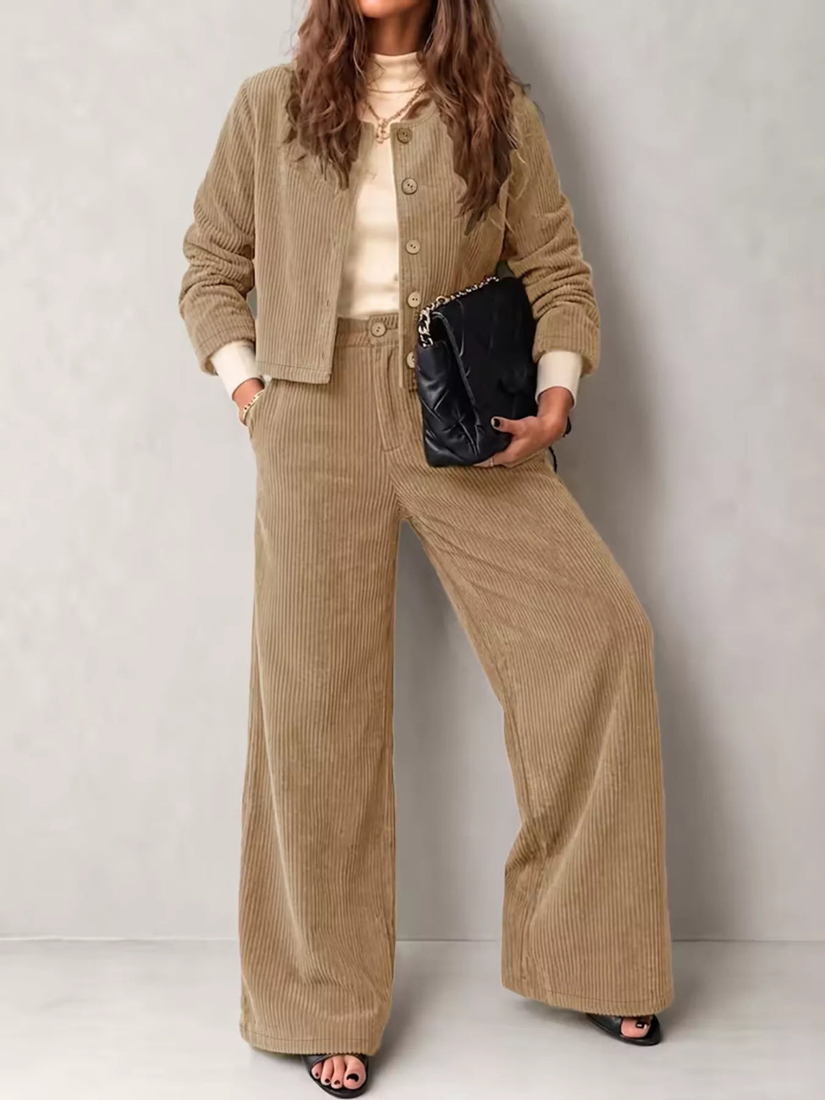 Corduroy Button-Down Jacket and Wide-Leg Pants Set