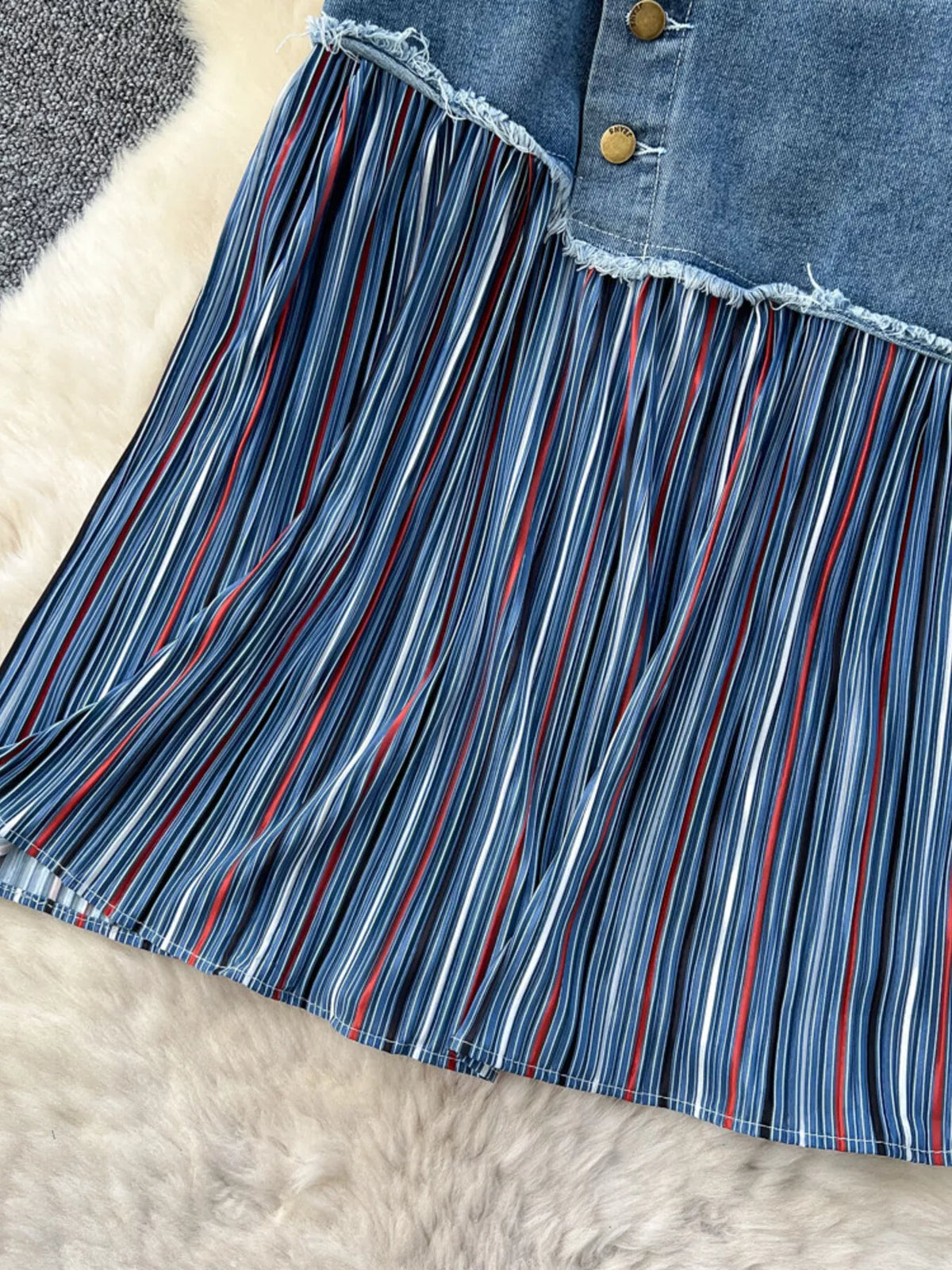 Striped Patchwork Denim Skirt in Blue