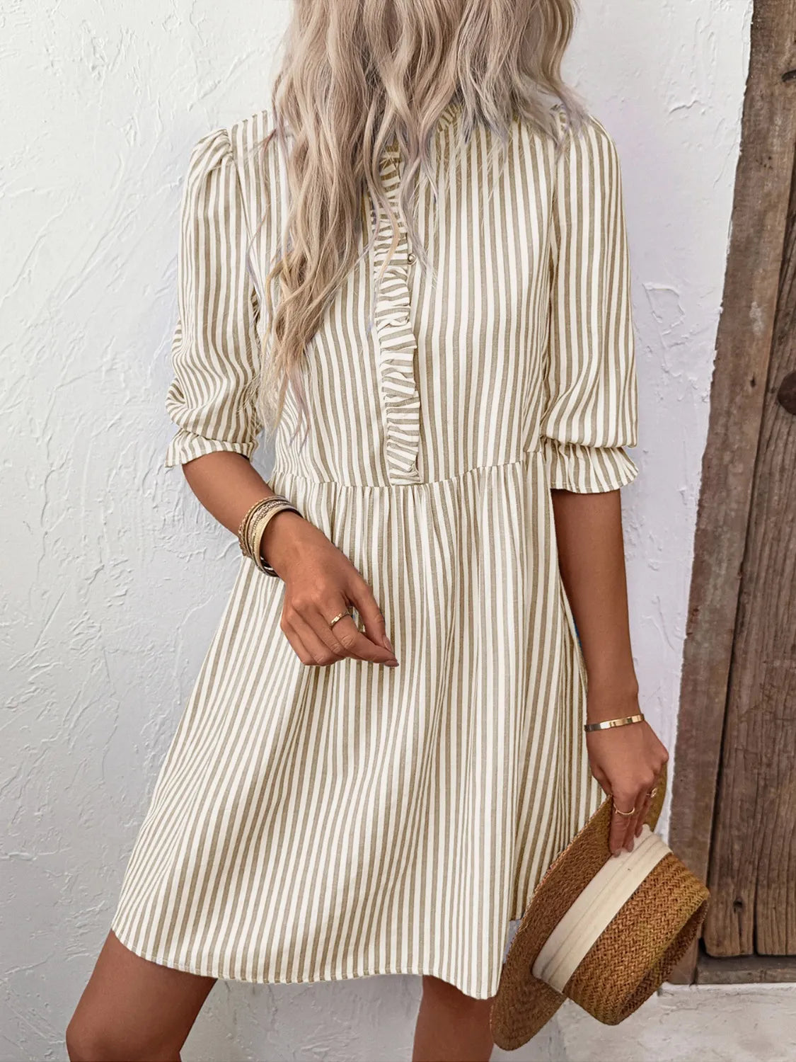 Striped Half Sleeve Dress in Tan