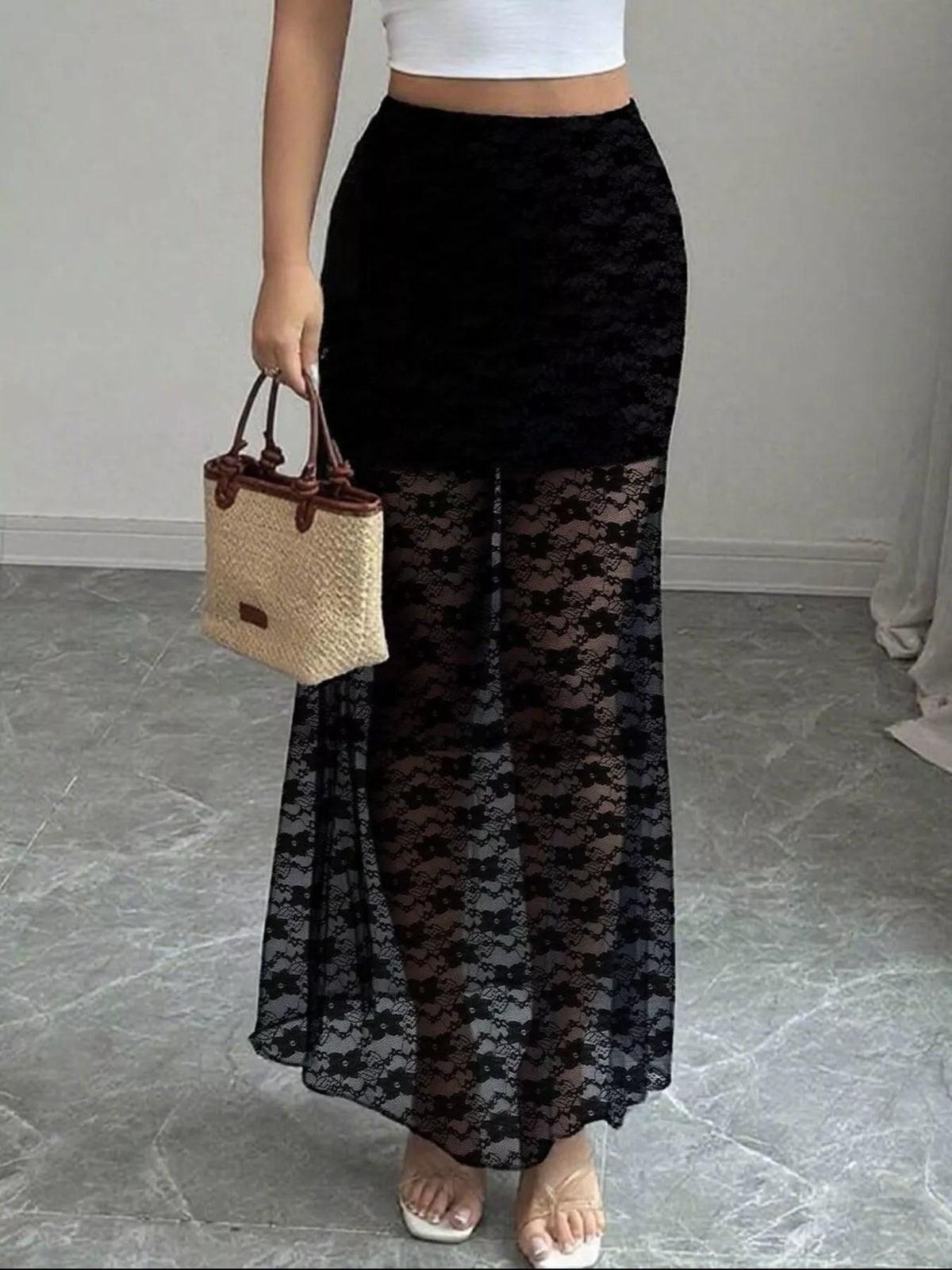 Elegant Lace Mermaid Sheer Skirt in Black