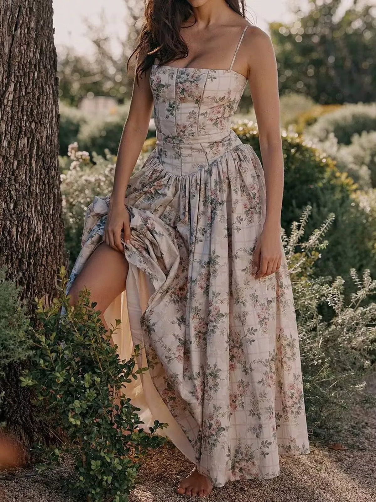 Floral Spaghetti Strap Midi Dress in White