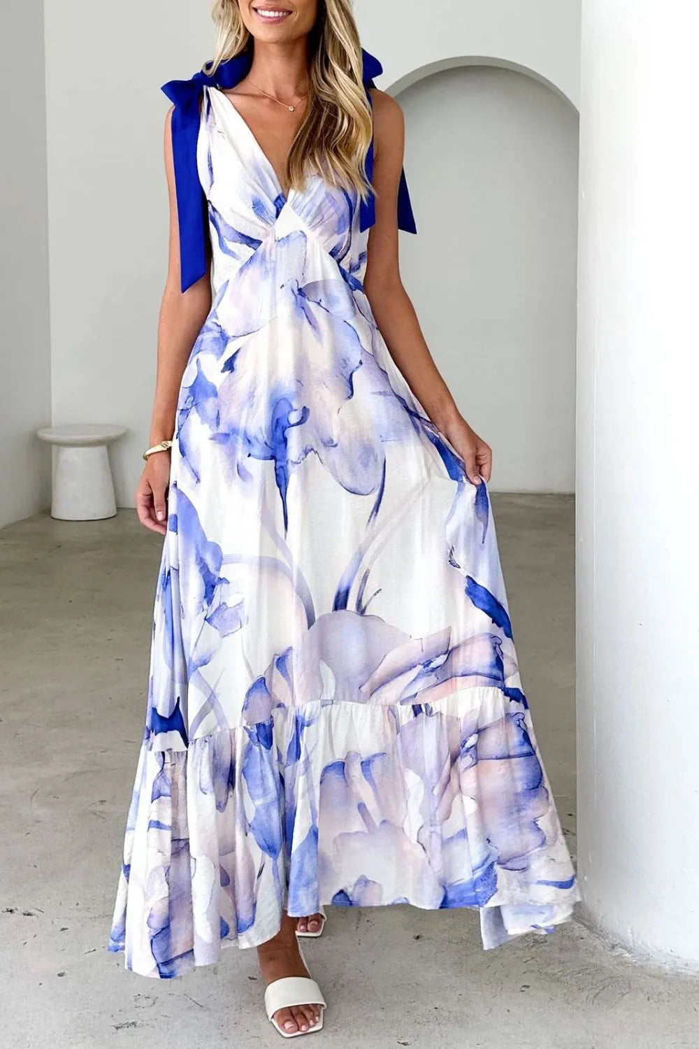 Printed Tie-Shoulder Ruched V-Neck Midi Dress