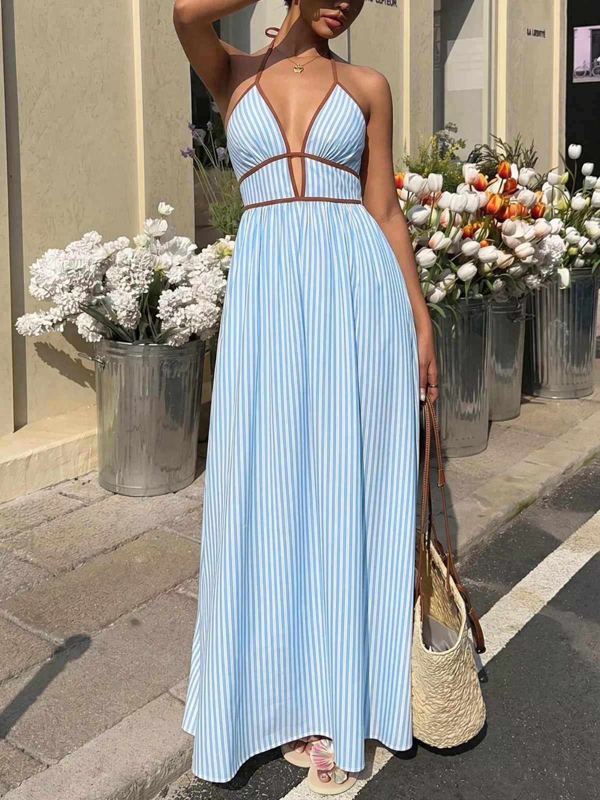 Striped Halter Neck Maxi Dress in Cotton Blend