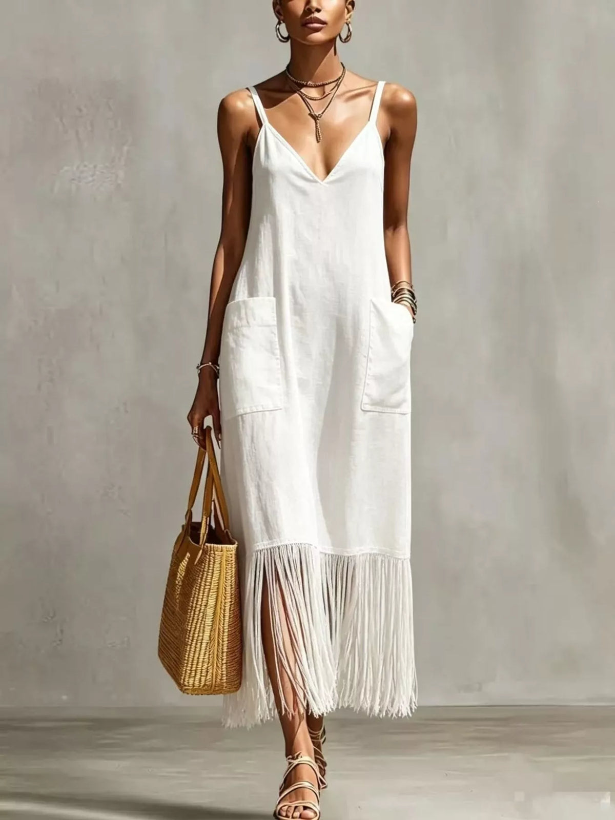 Fringe V-Neck Spaghetti Strap Dress in Blue