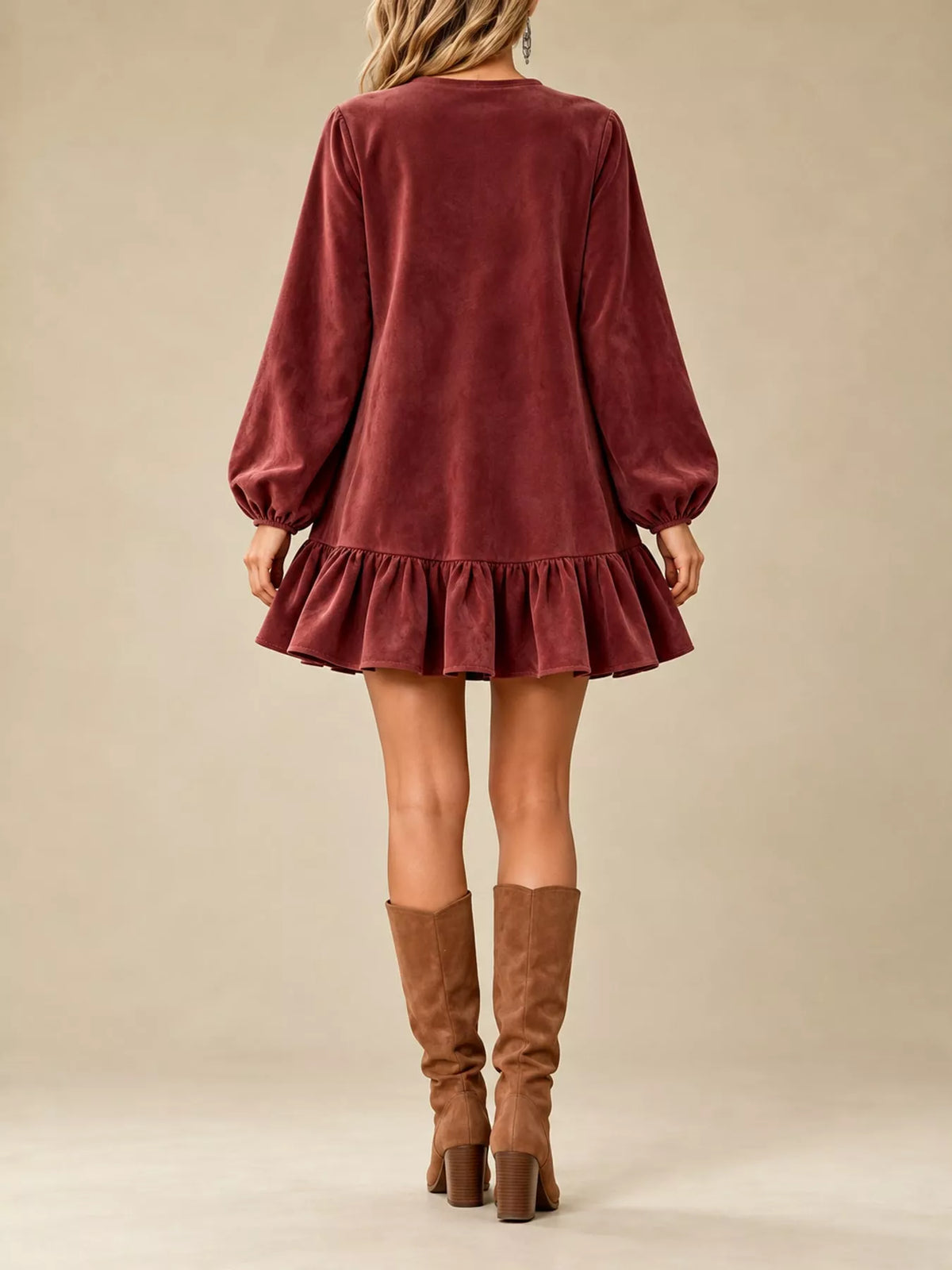 Quarter-Zip Ruffle Hem Mini Dress