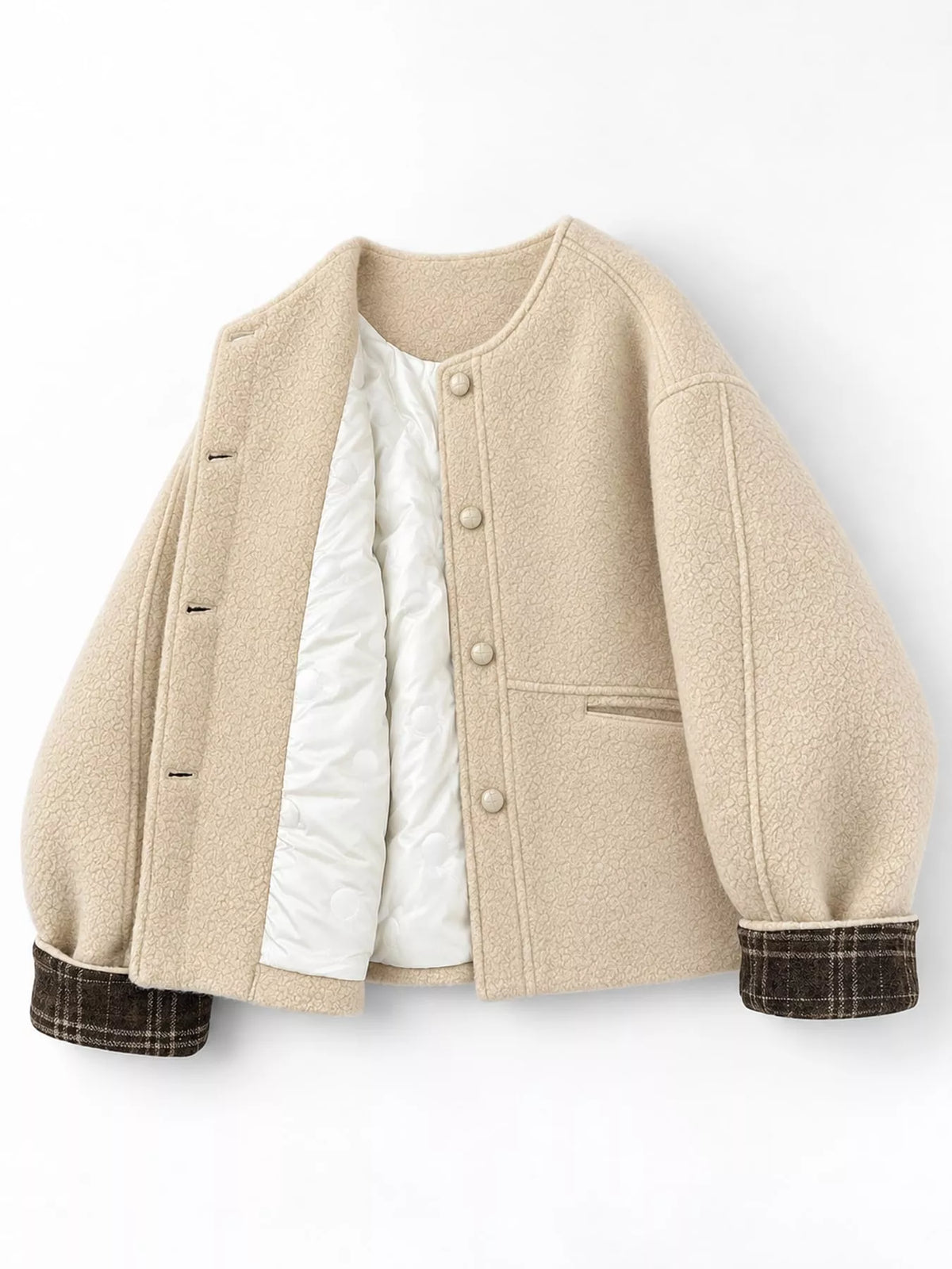 Plaid Cuffs Button-Up Jacket in Off-White in Off-White-Cotton-Padded-Thickened