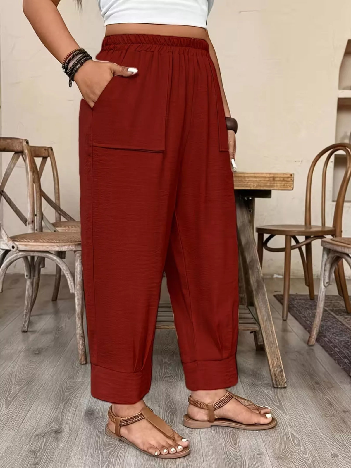 Plus Size Elastic Waist Pants with Pockets