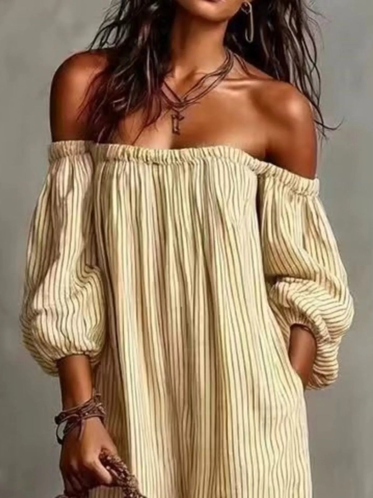Off-Shoulder Striped Maxi Dress with Puff Sleeves