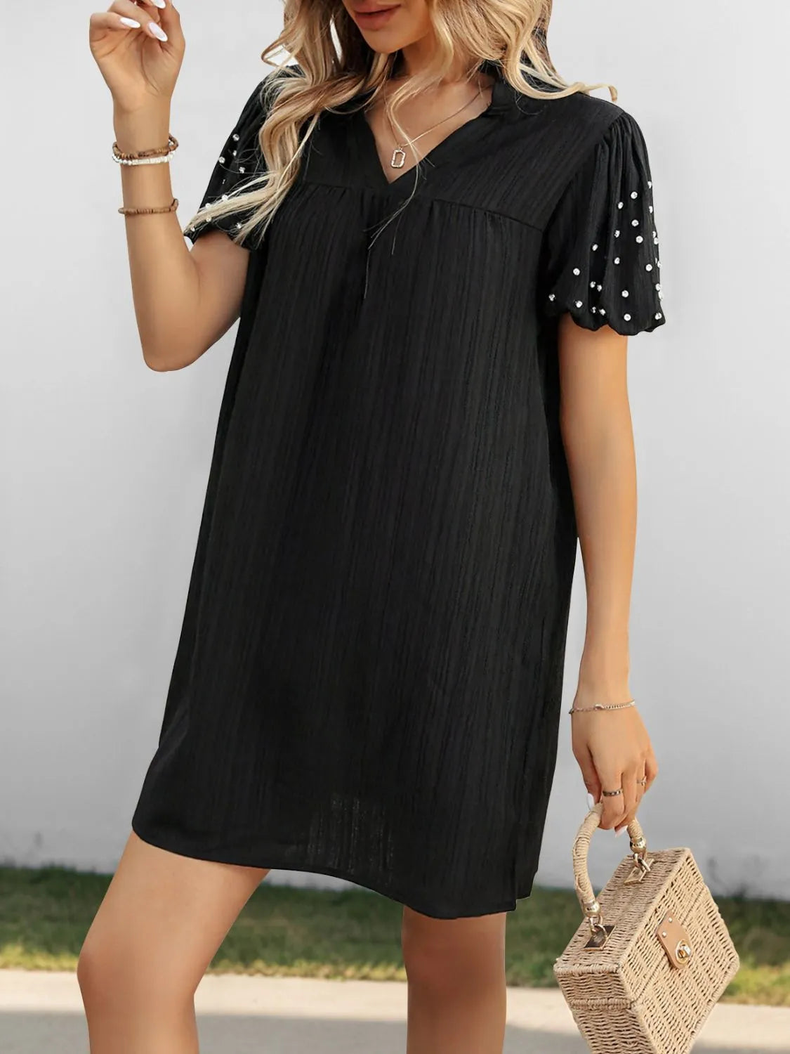 Textured V-Neck Mini Dress in Black
