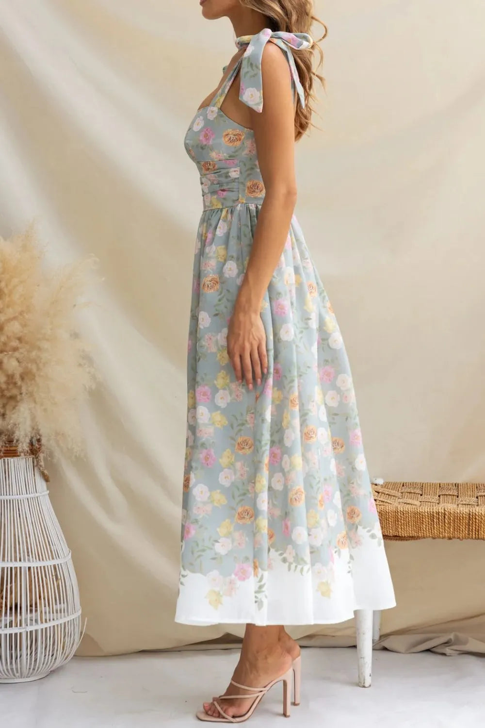 Printed Tie-Shoulder Midi Cami Dress