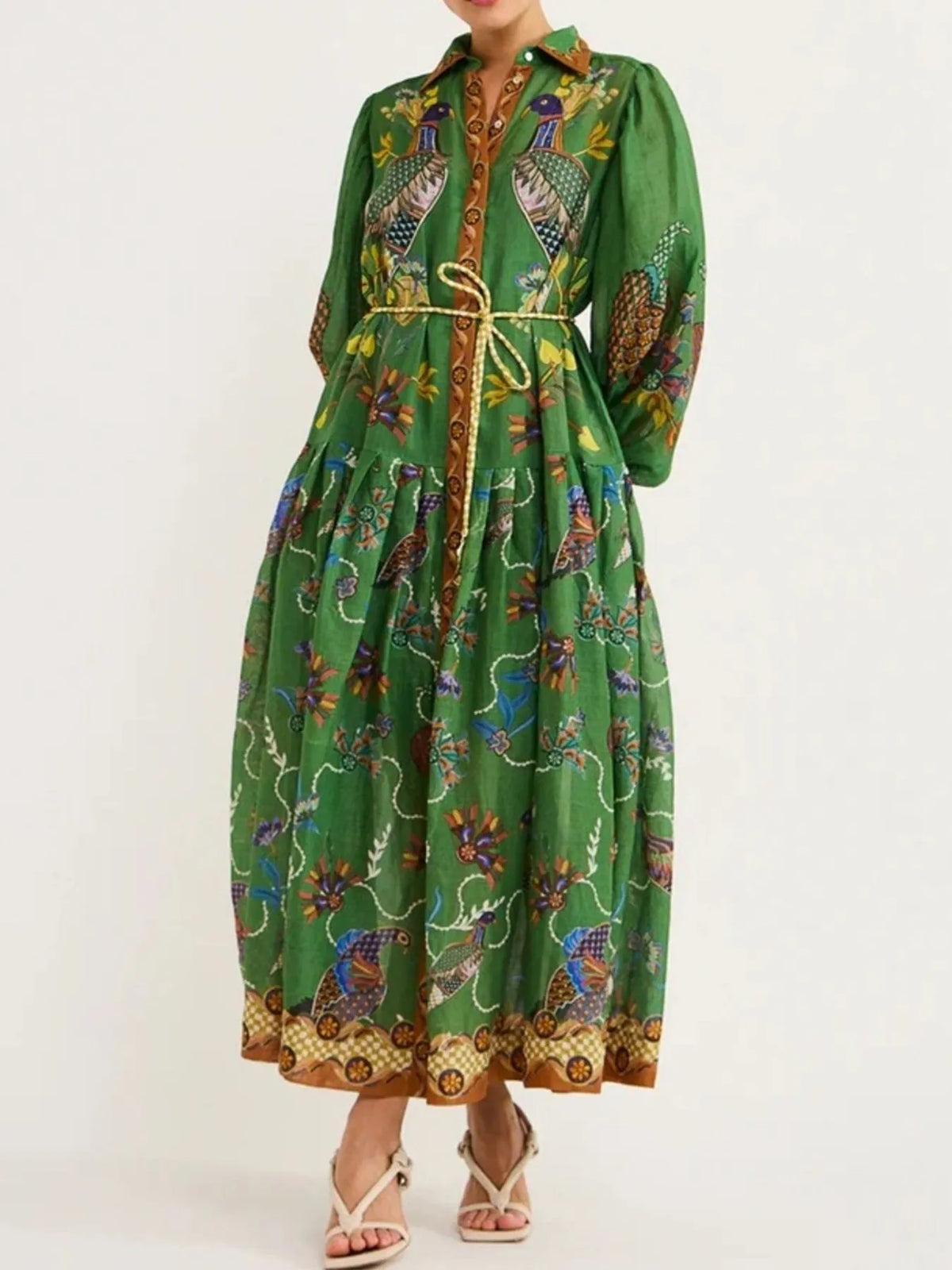 Printed Lantern Sleeve Shirt Dress in Green
