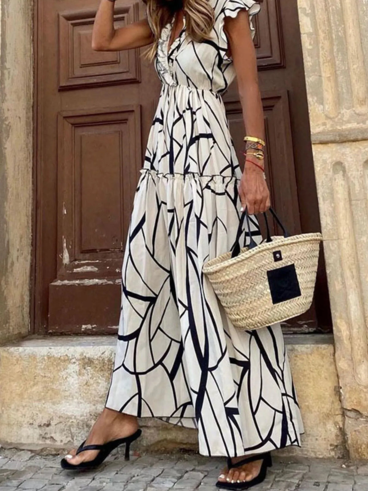 Abstract Print Ruffle Sleeve V-Neck Midi Dress in Picture Color