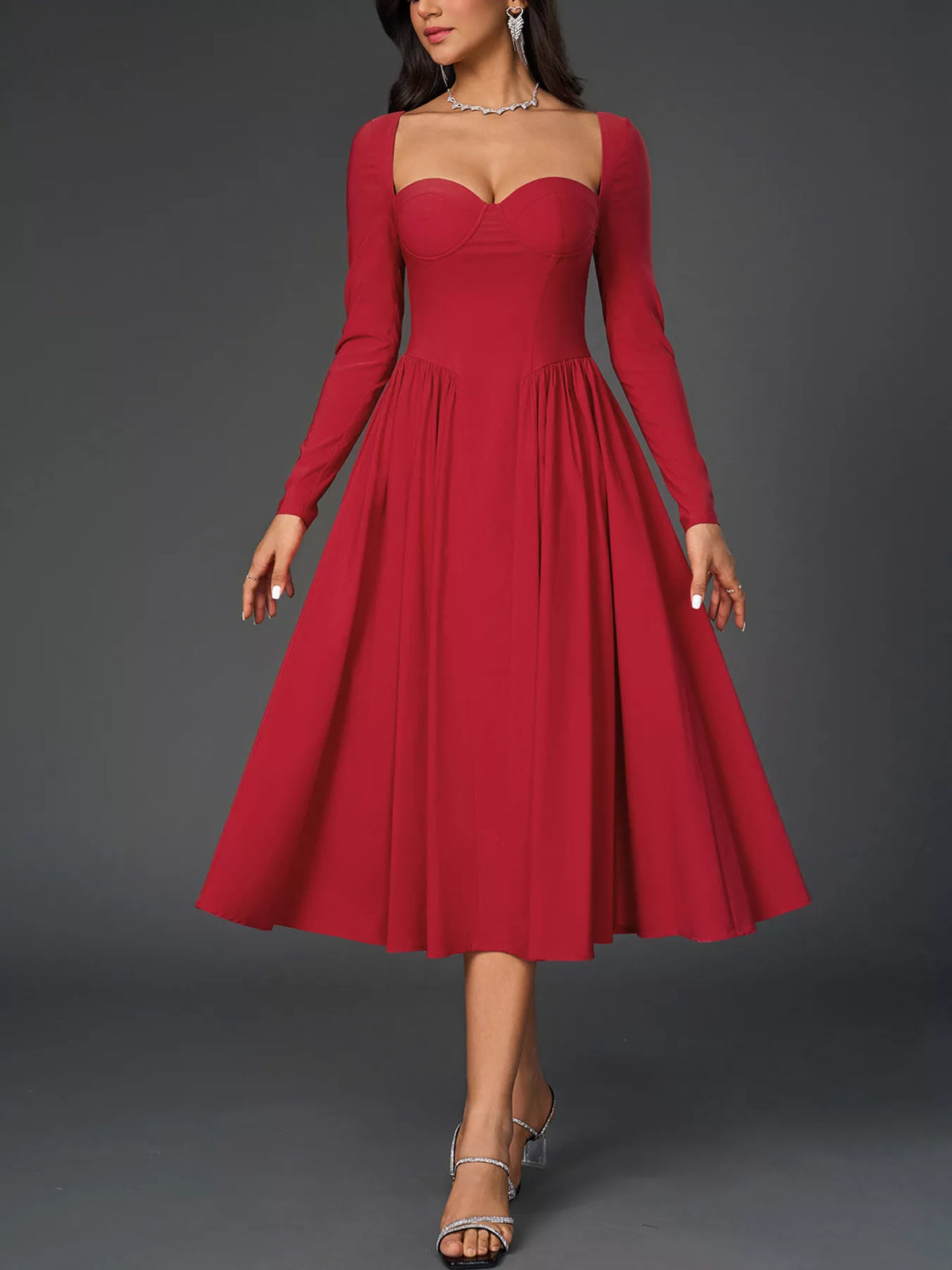 Sweetheart Neckline Long Sleeve A-Line Midi Dress