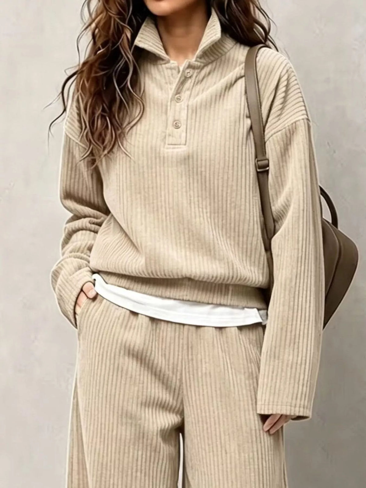 Corduroy Button-Front Top and Wide Leg Pants Set