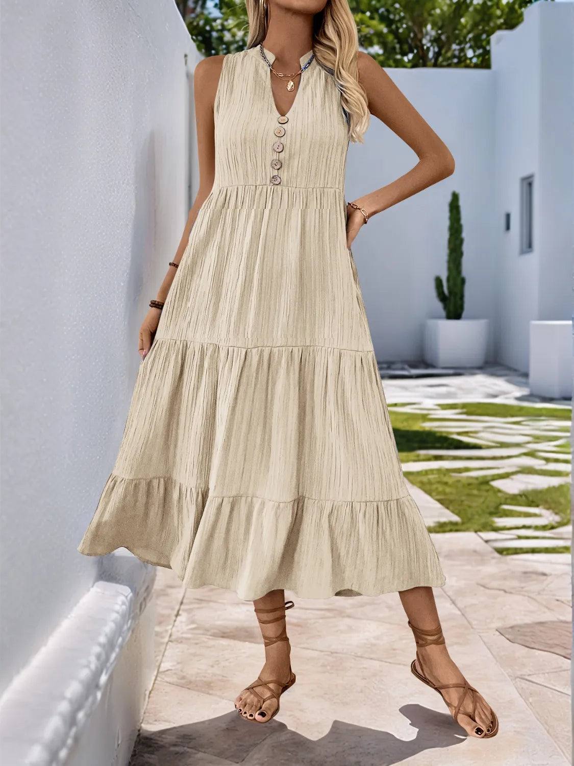 Notched Neckline Tiered Midi Dress