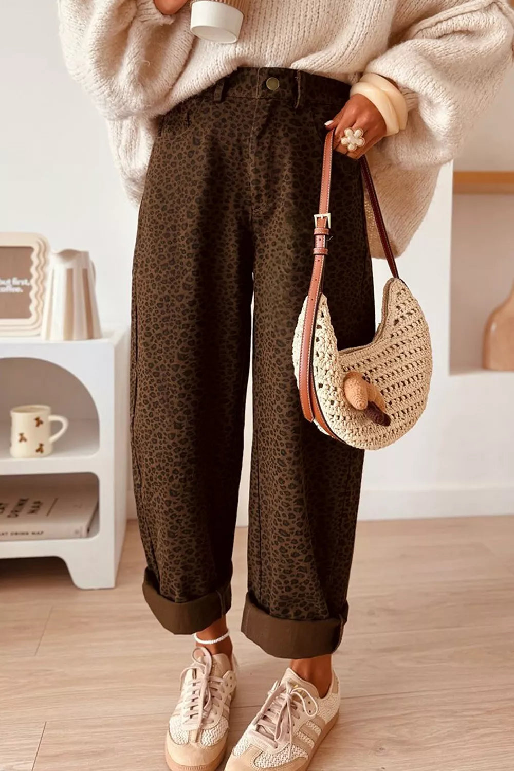 Leopard Print Wide-Leg Jeans in Coffee Brown