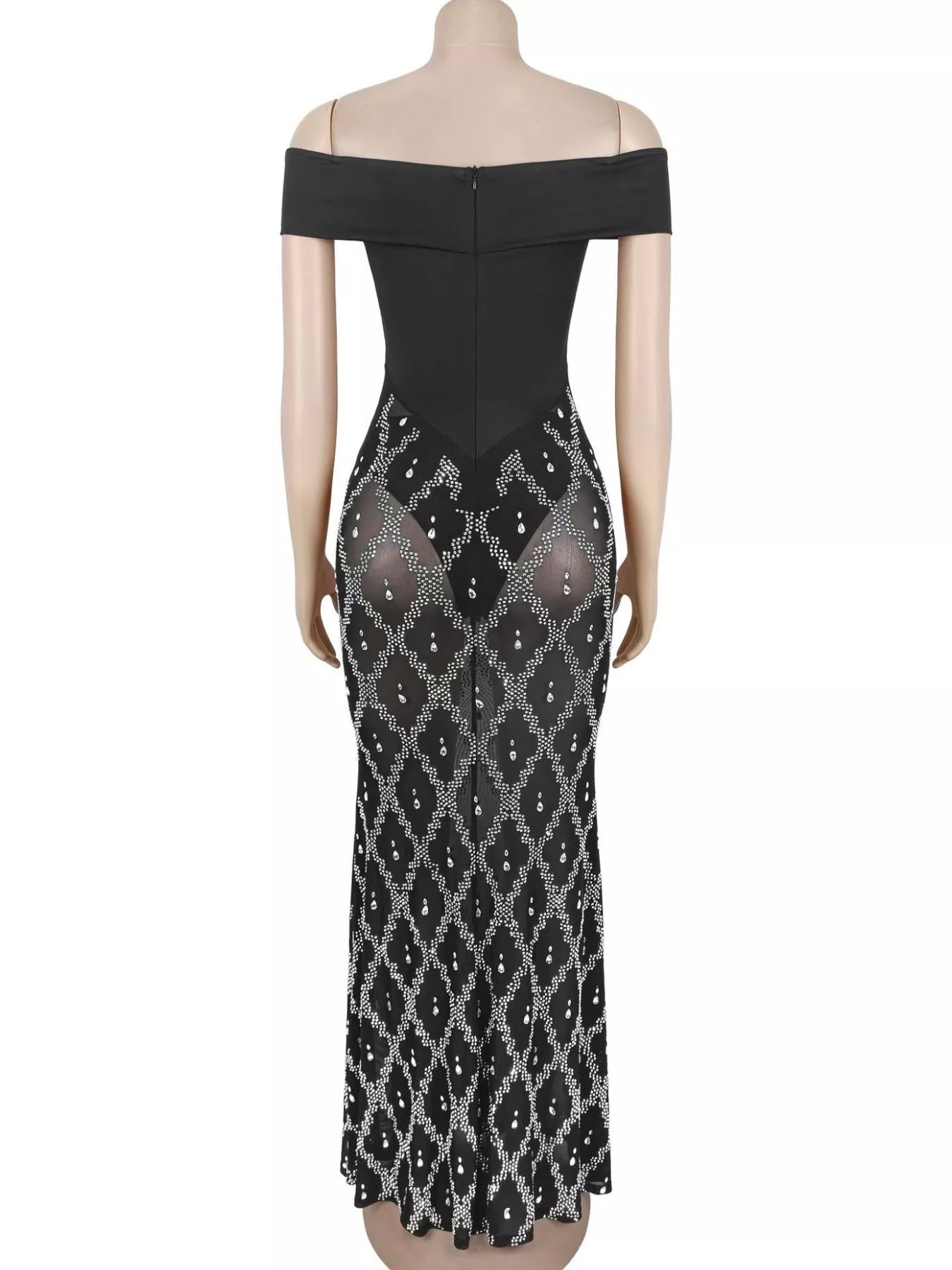 Off-Shoulder Rhinestone Sheer Maxi Dress in Black