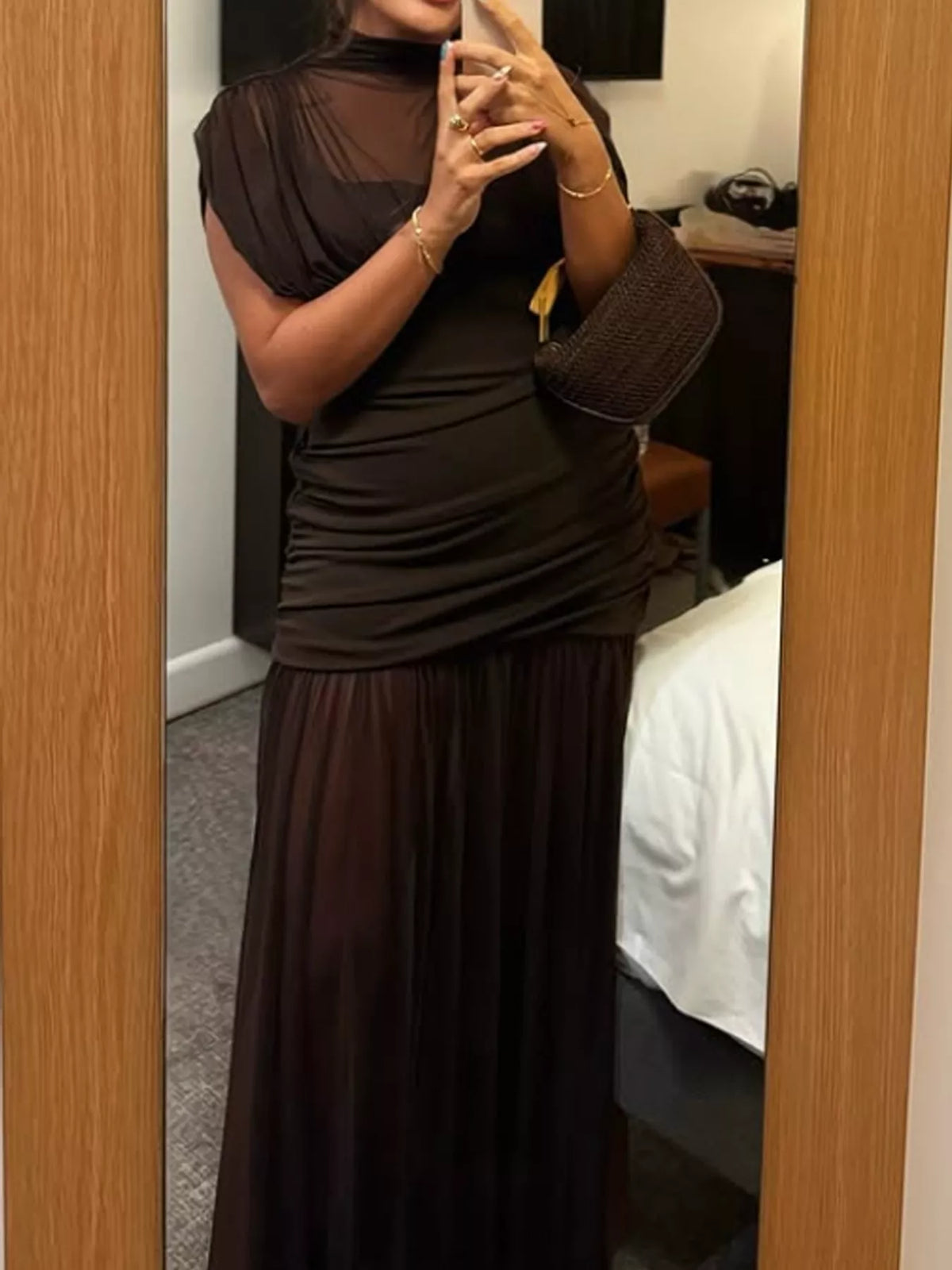 Mock Neck Ruched Mesh Maxi Dress
