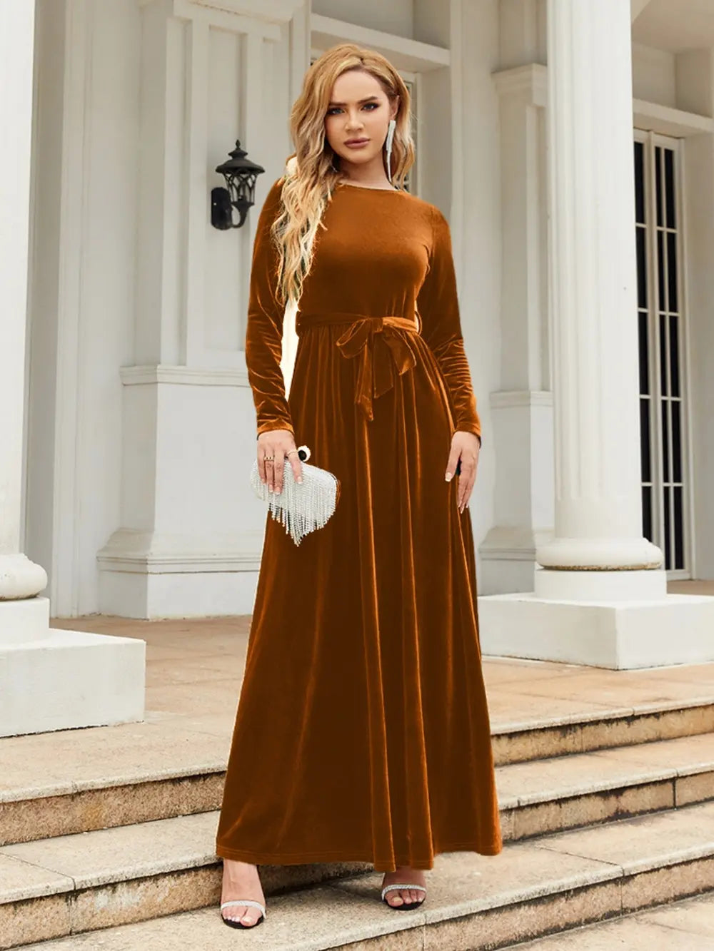 Tie-Front Round-Neck Long-Sleeve Maxi Dress