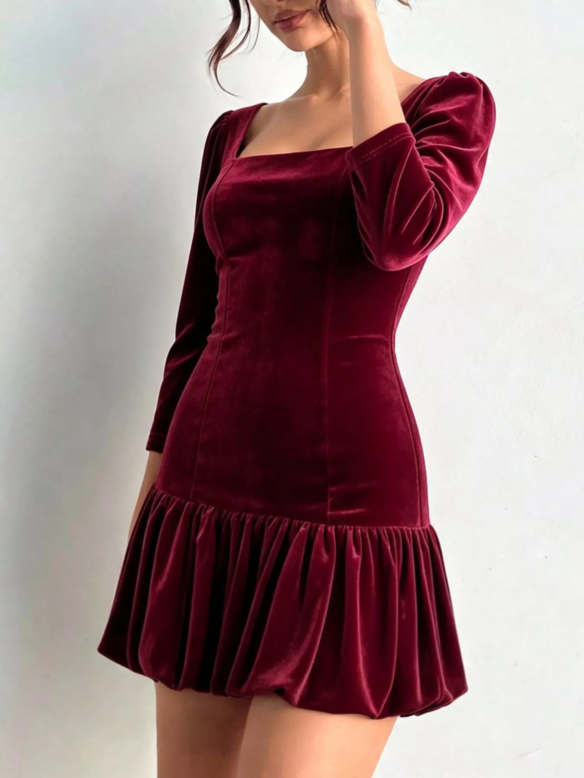 Velvet Square-Neck Mini Dress in Burgundy