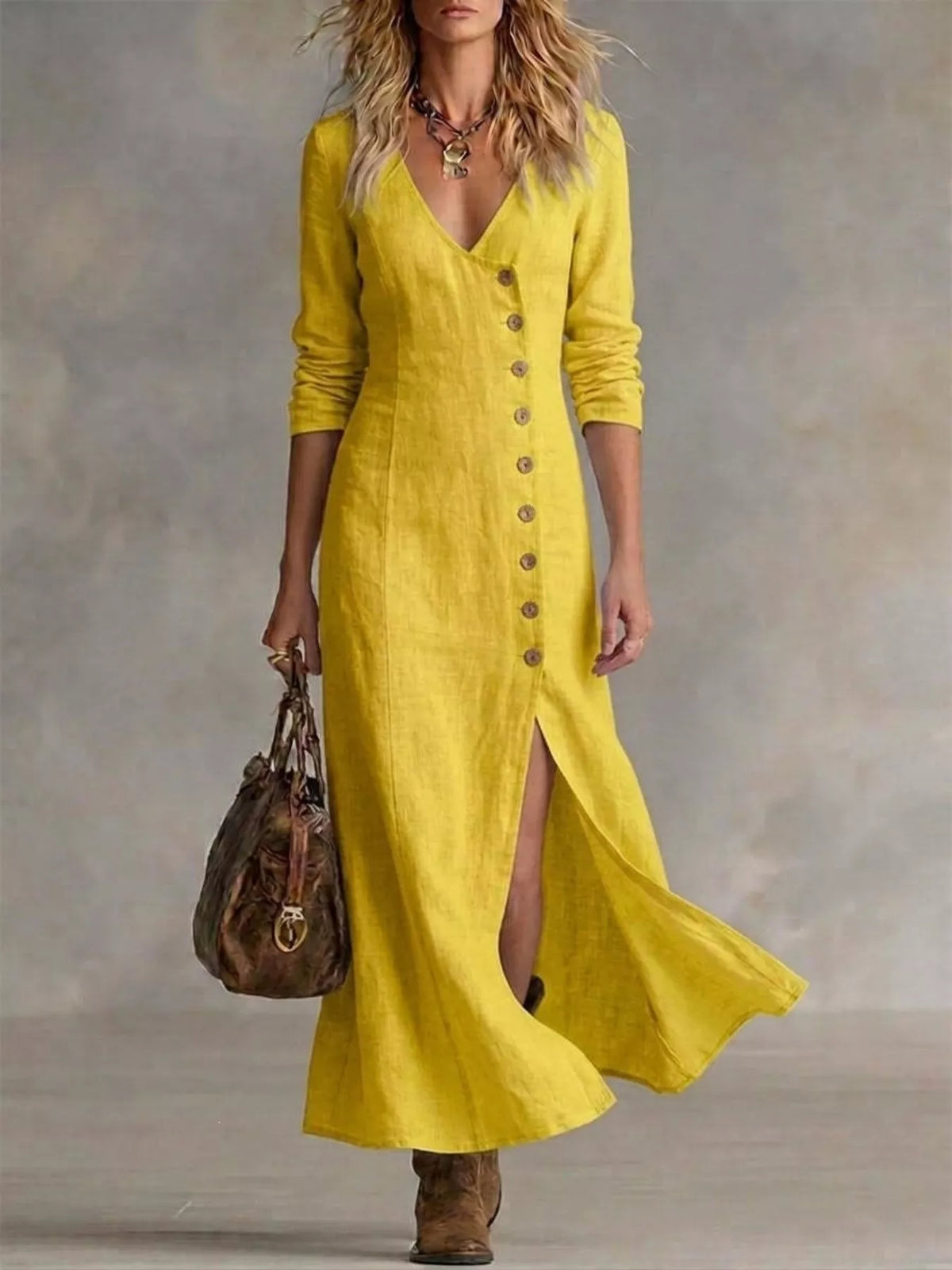Button Front Slit Maxi Dress