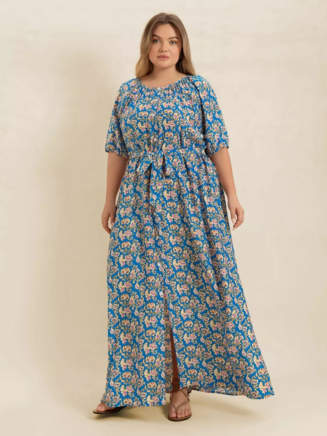 Plus Size Floral Maxi Dress with Side Slit in Blue