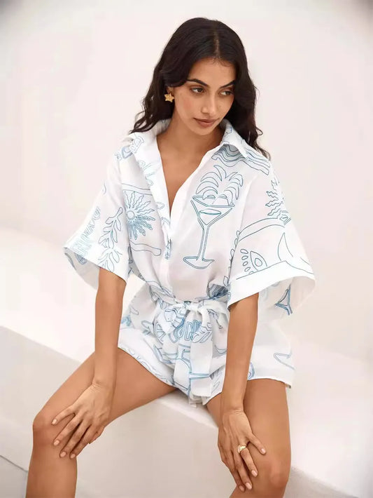 Printed Collared Half Sleeve Romper in White