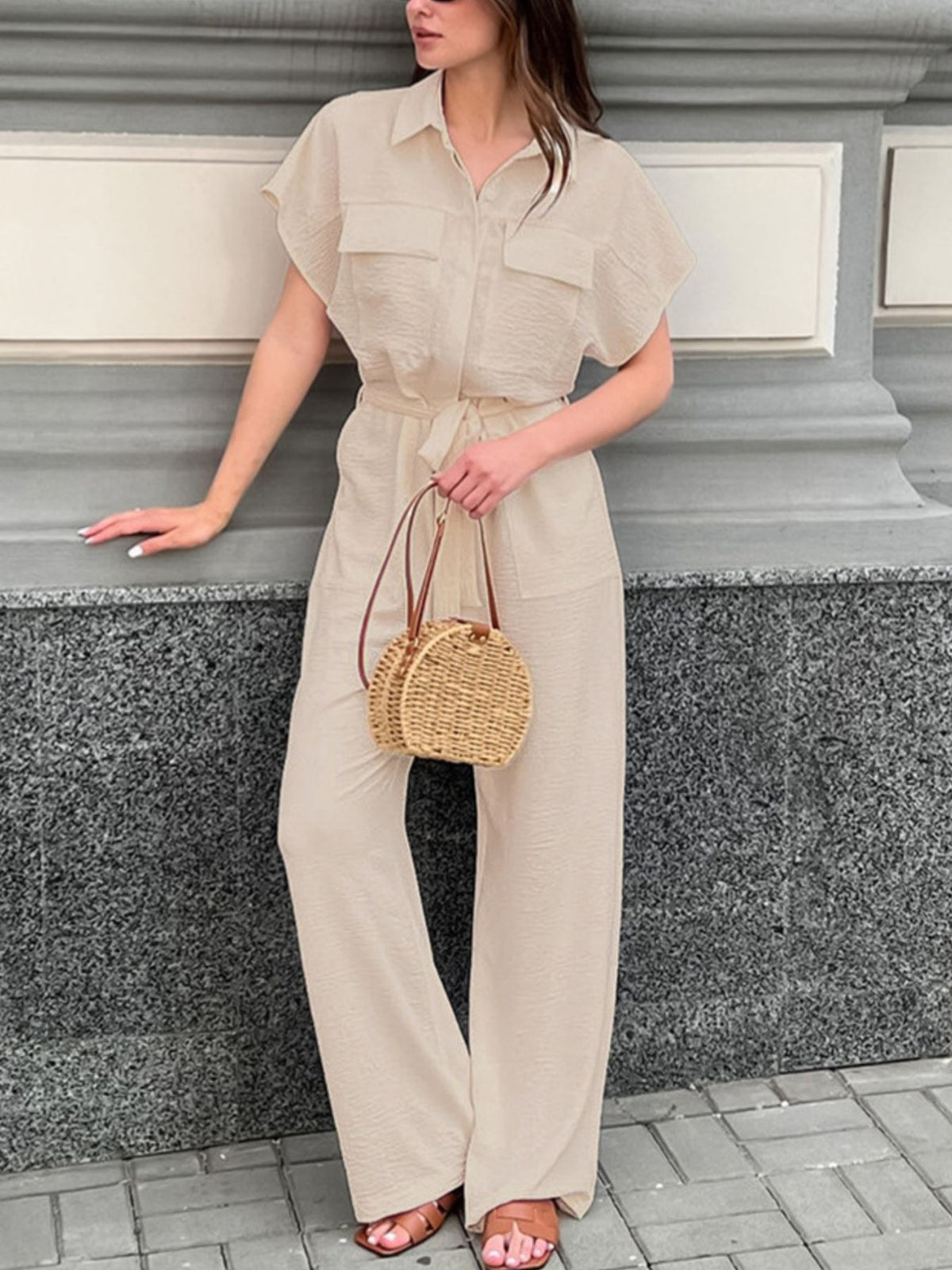 Chest Pocket Wide-Leg Jumpsuit in Beige