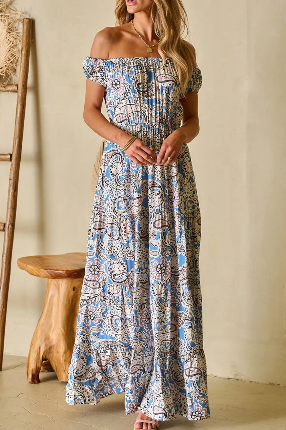 Paisley Print Off Shoulder Maxi Dress in Dusty Blue
