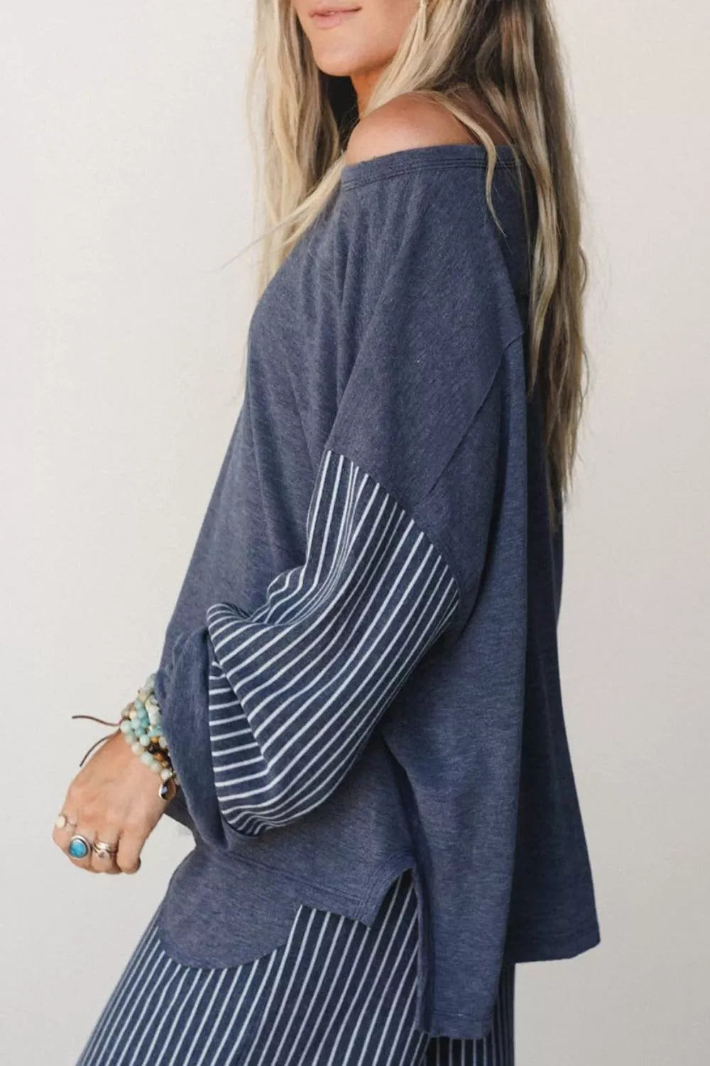 Raw Seam Patchwork Top and Pants Set in Dusty Blue