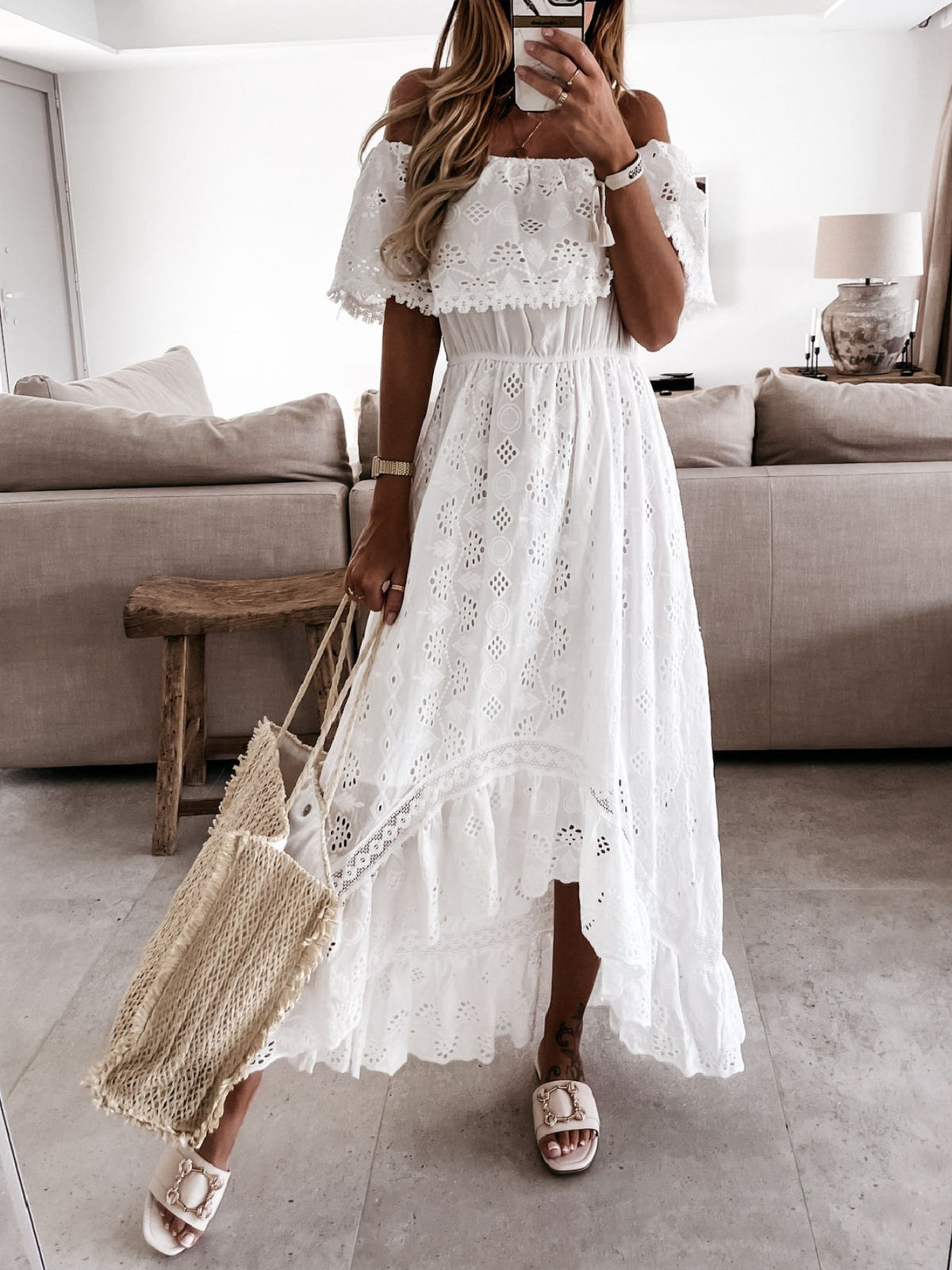 Off-Shoulder Eyelet Lace High-Low Maxi Dress in White