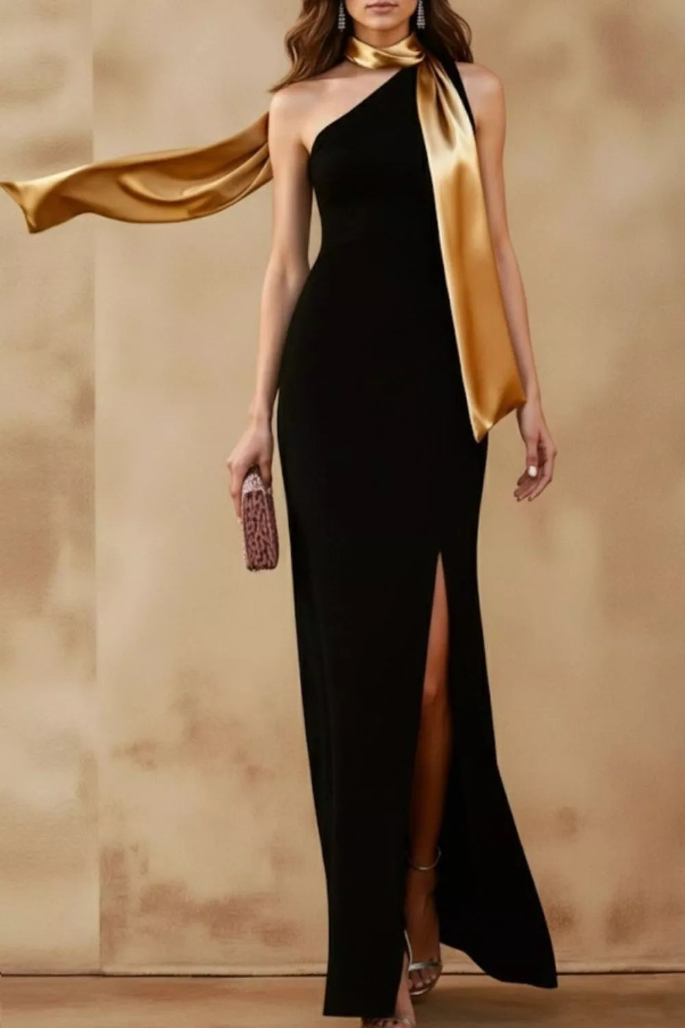 One-Shoulder Slit Maxi Dress in Black
