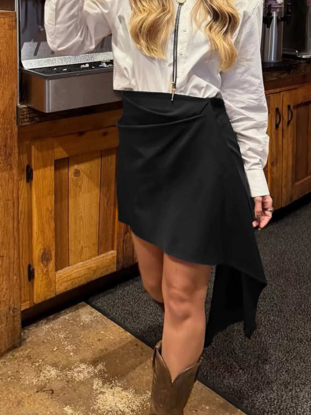 Asymmetric High-Waisted Draped Mini Skirt in Black