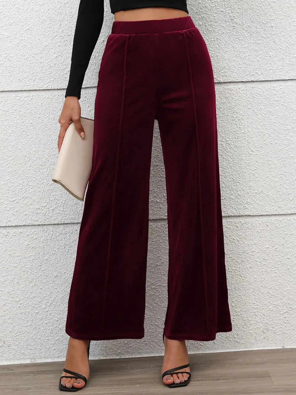 Elastic Waist Wide Leg Pants in Burgundy
