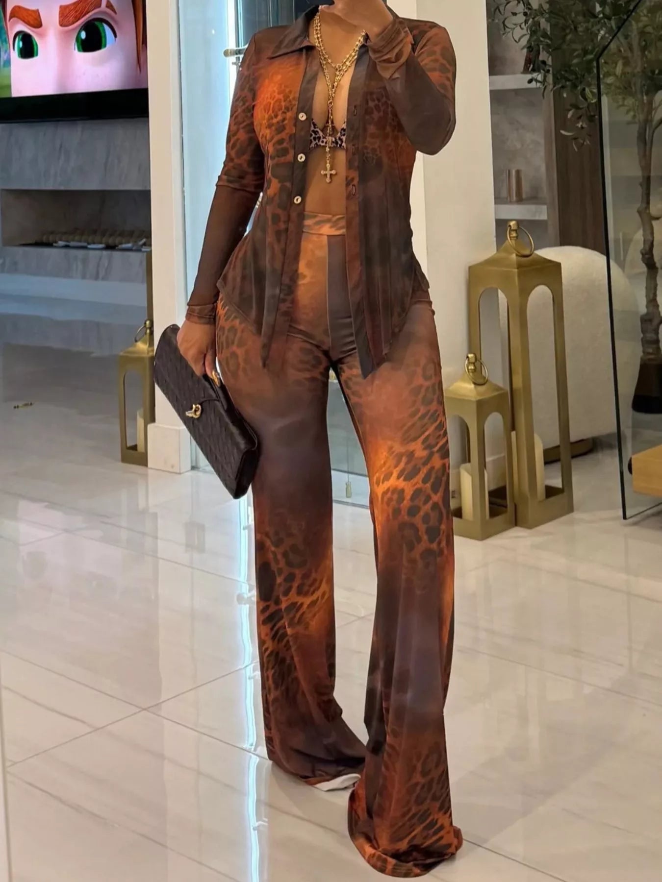 Printed Mesh Shirt and Pants Set
