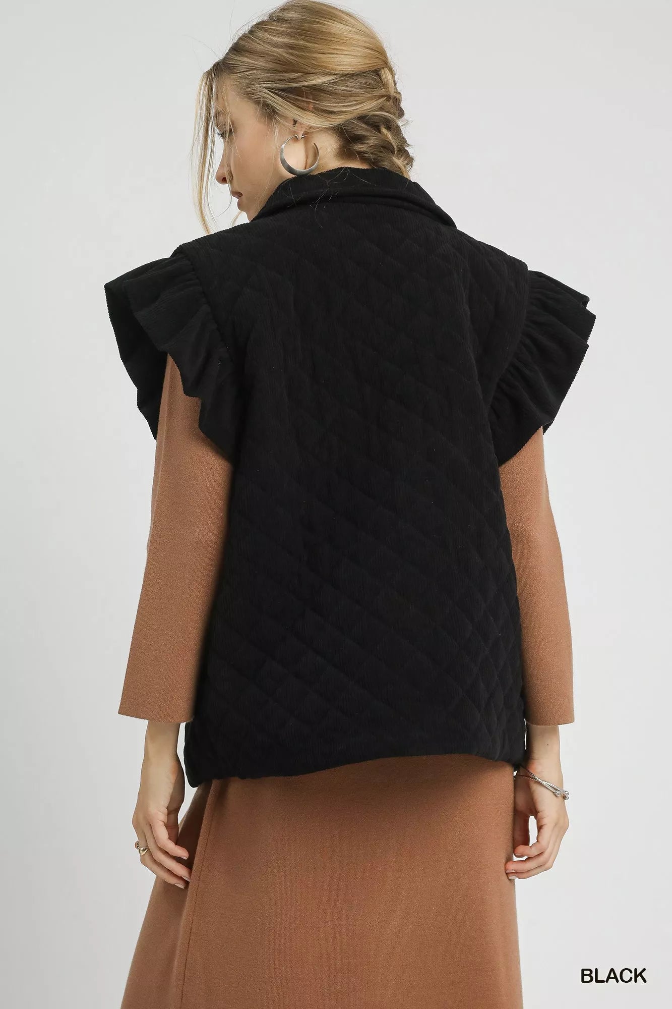 Umgee Corduroy Ruffle Sleeve Vest in Black