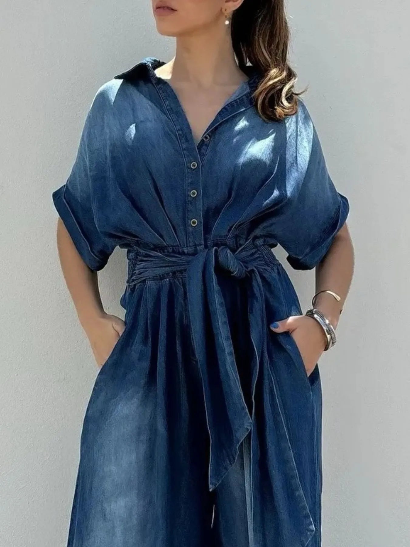 Button Front Wide Leg Denim Jumpsuit
