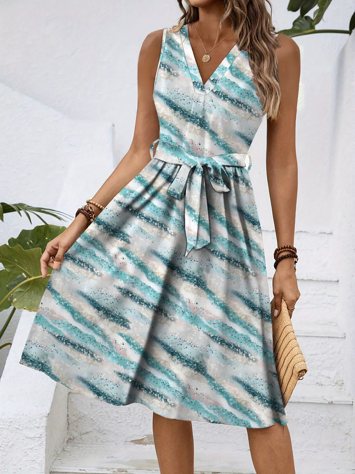 V-Neck Tie-Waist Dress in Light Blue by Classic Comfort