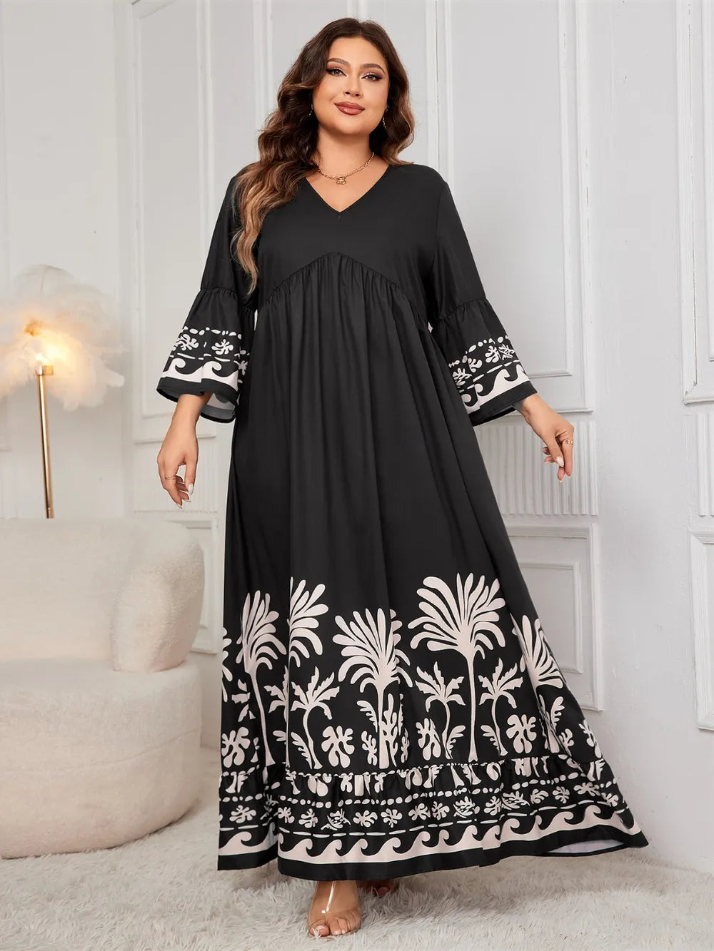 Printed V-Neck Long-Sleeve Maxi Dress in Black, Plus Size