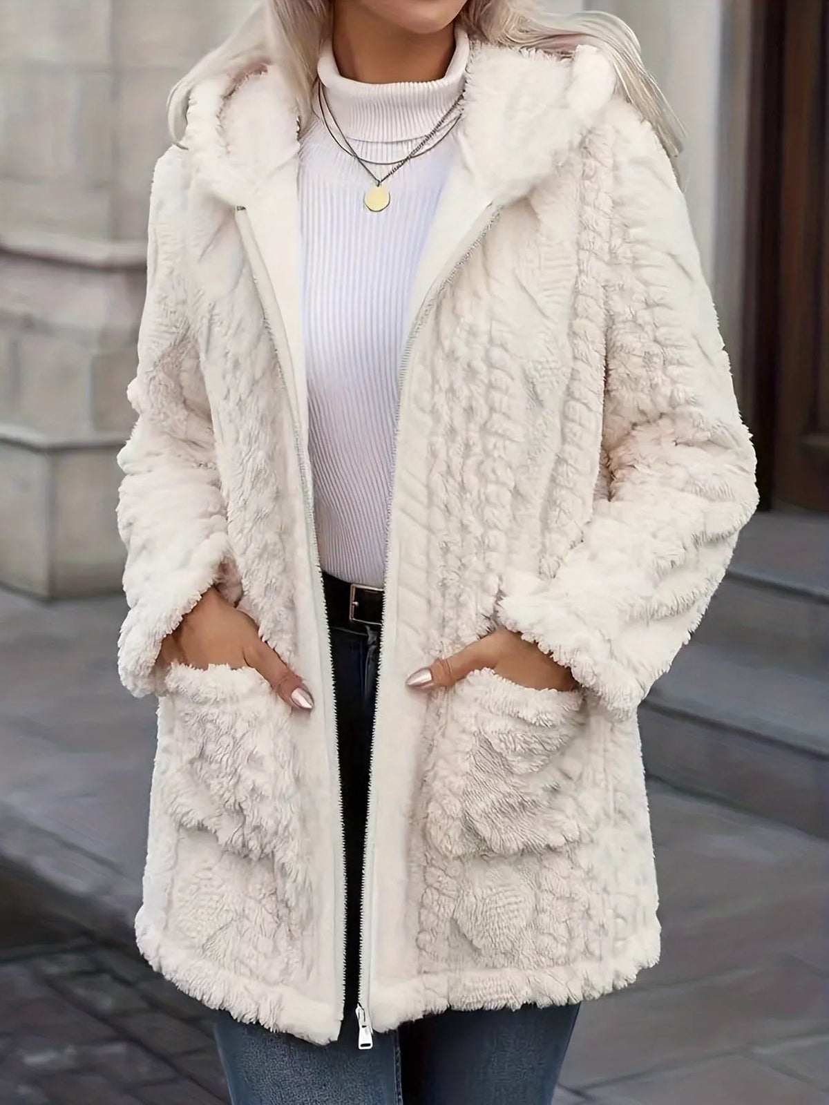 Faux Fur Hooded Zip-Up Jacket in Ocean Blue