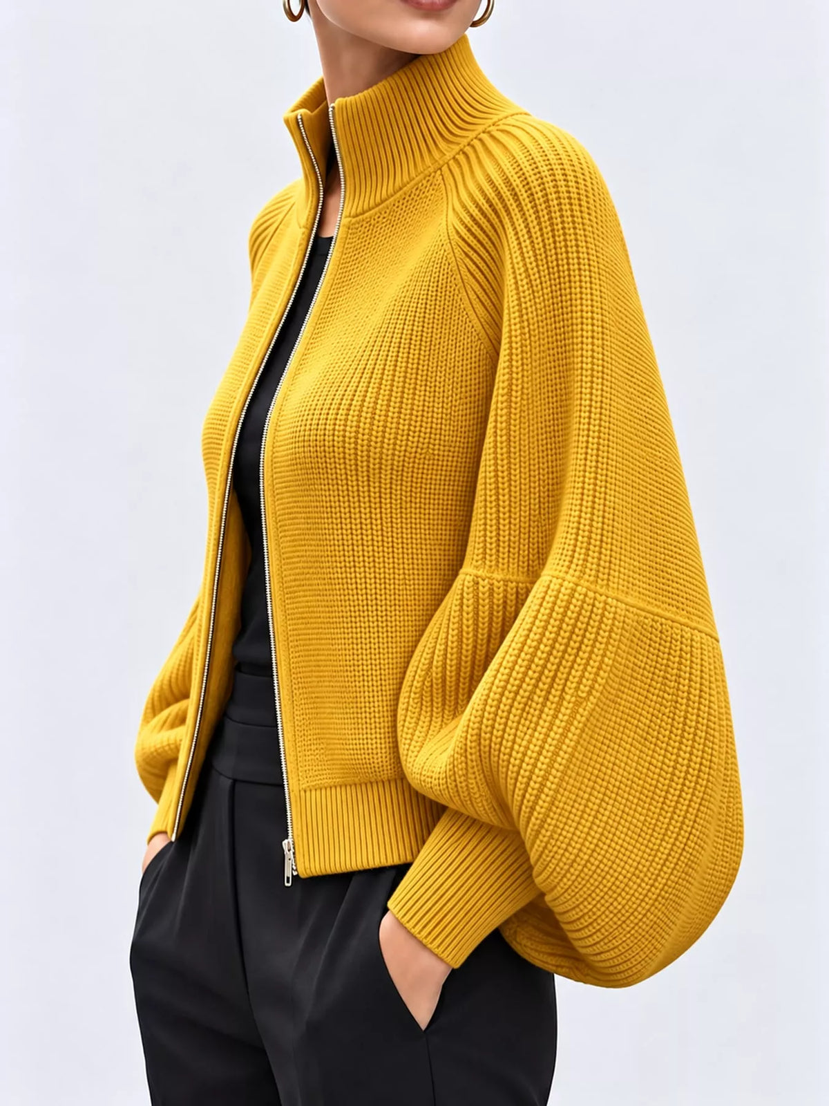Ribbed Knit Zip-Up Cardigan with Lantern Sleeves