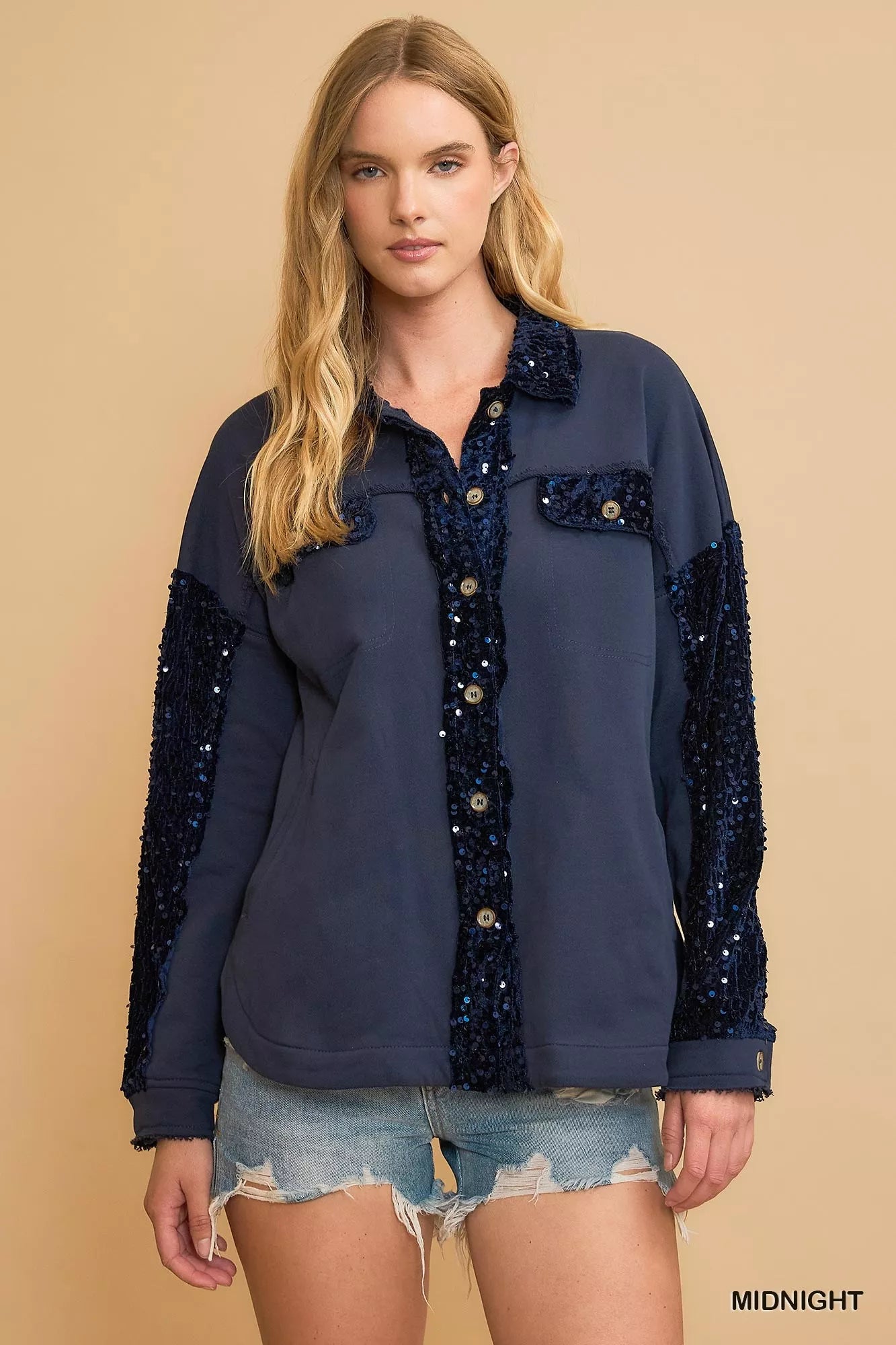 Umgee Sequined French Terry Jacket in Midnight