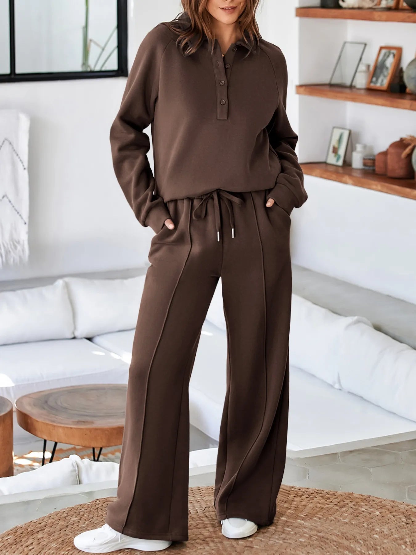 Collared Sweatshirt and High-Waist Pants Active Set
