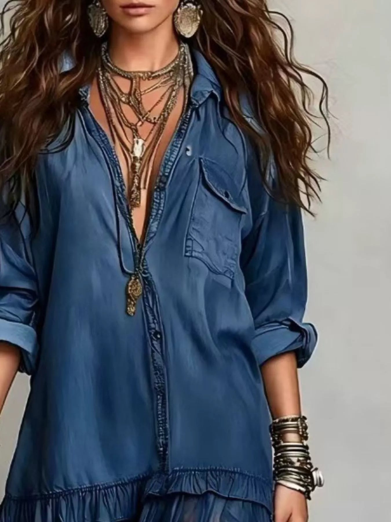 Tiered Long-Sleeve Denim Shirt Maxi Dress, Plus Size