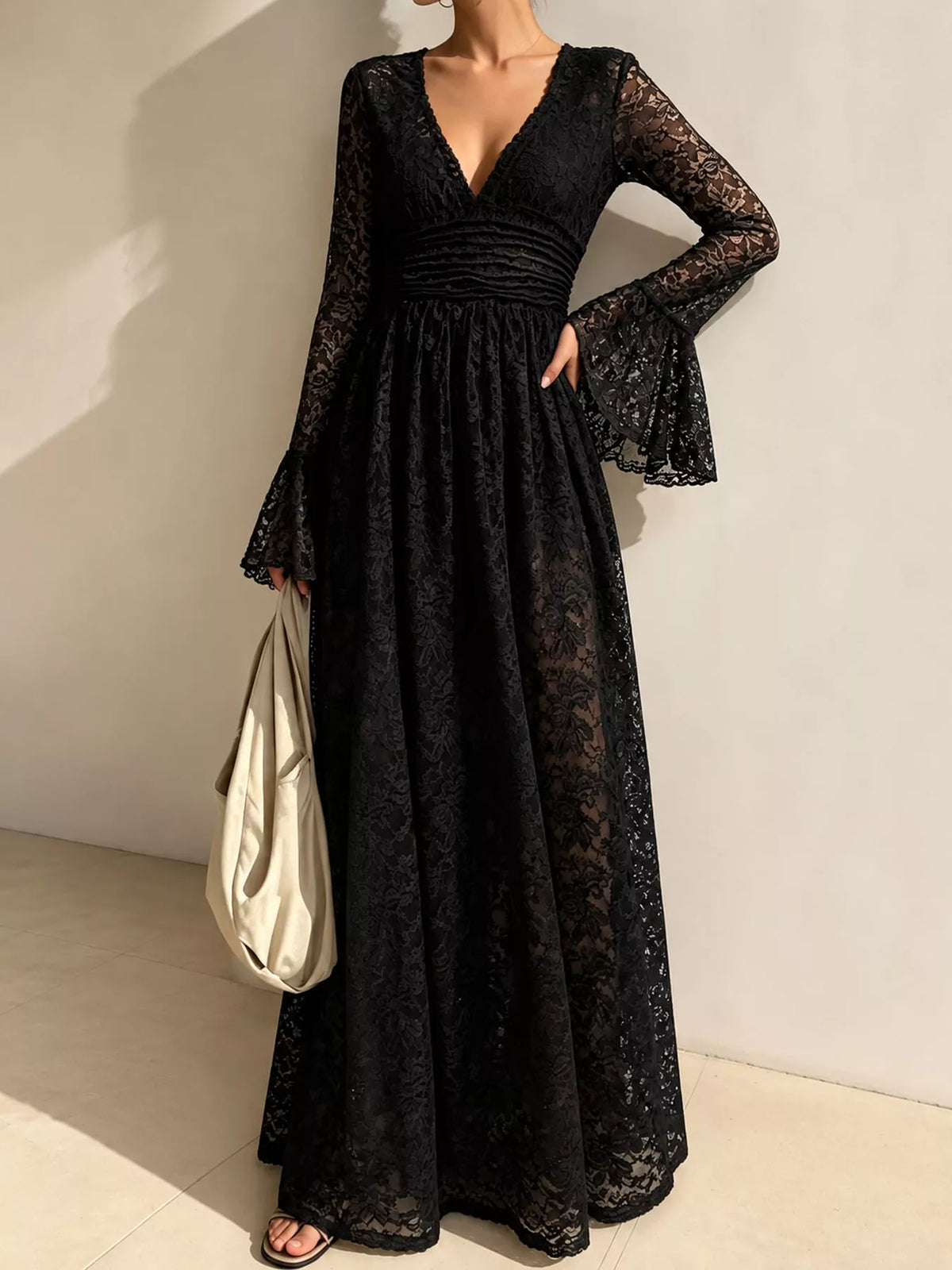Ruched Lace V-Neck Maxi Dress