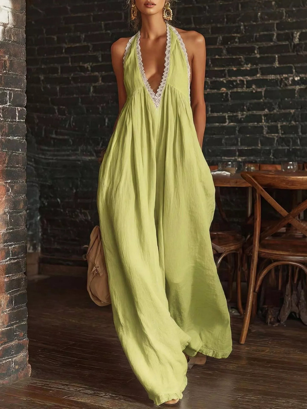 Halter Neck Lace-Trim Wide-Leg Jumpsuit