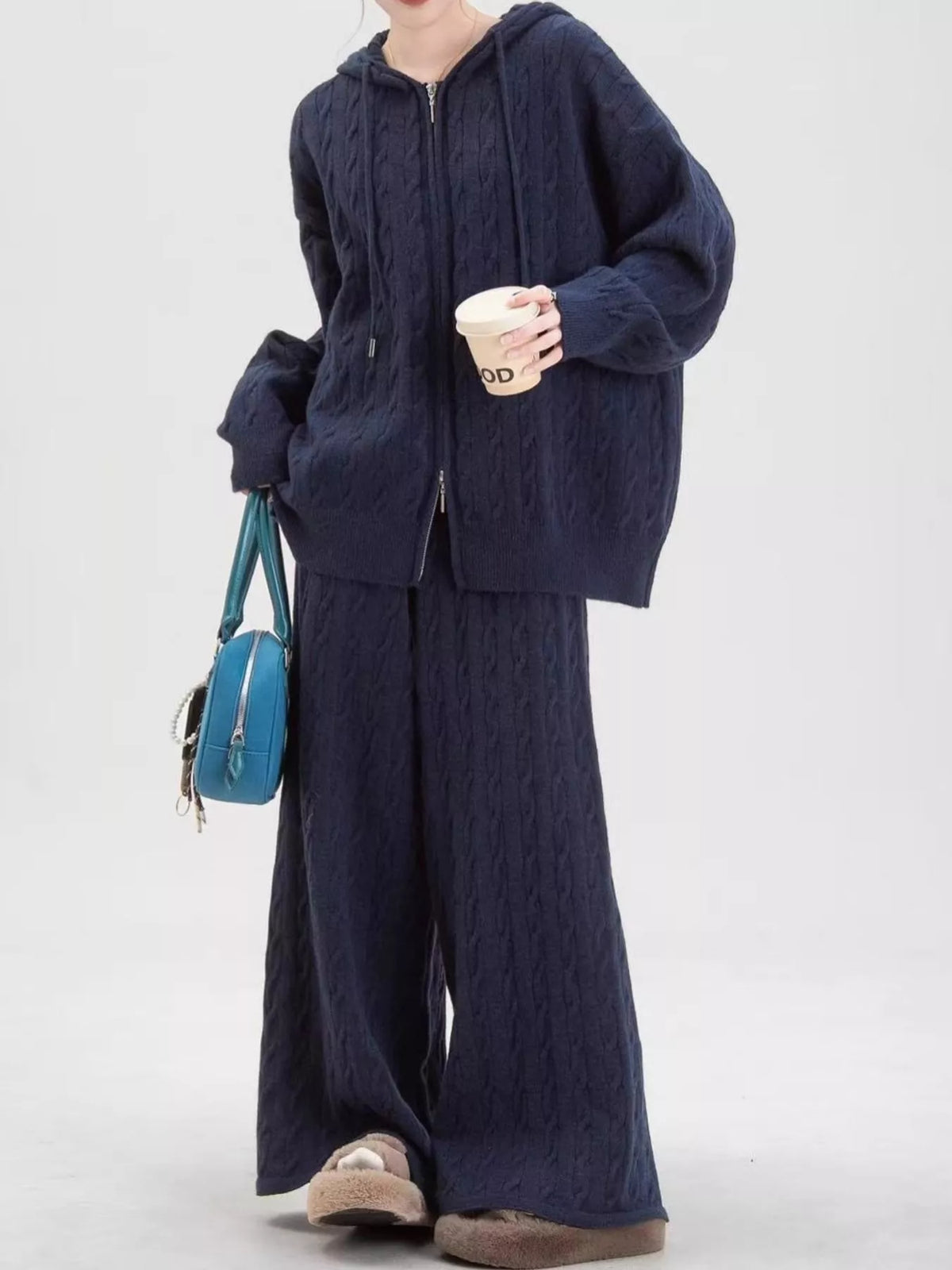 Cable Knit Zip-Up Hooded Cardigan and Wide-Leg Pants Set